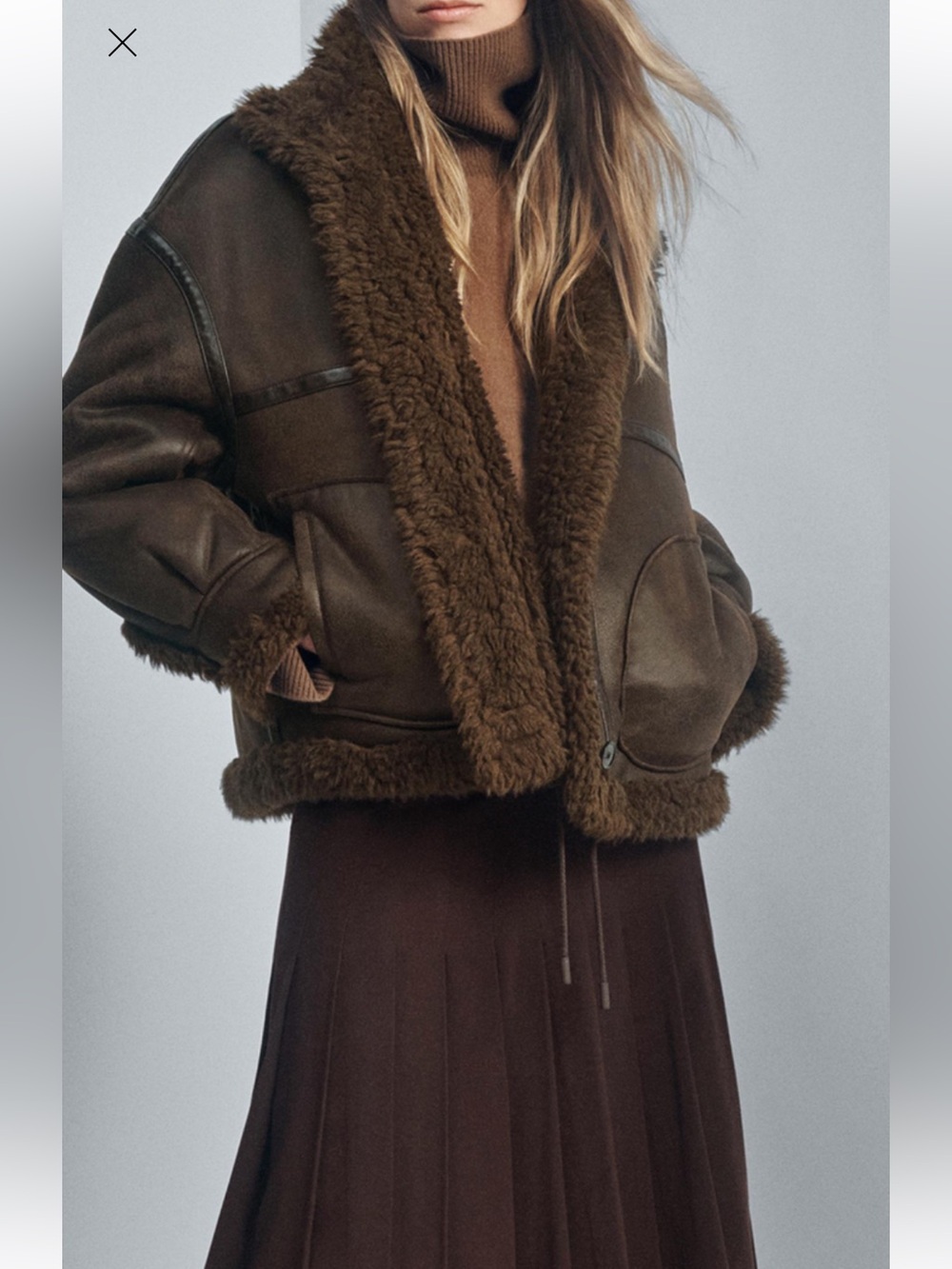 Zara Brown Shearling-Trim Leather Bomber Jacket